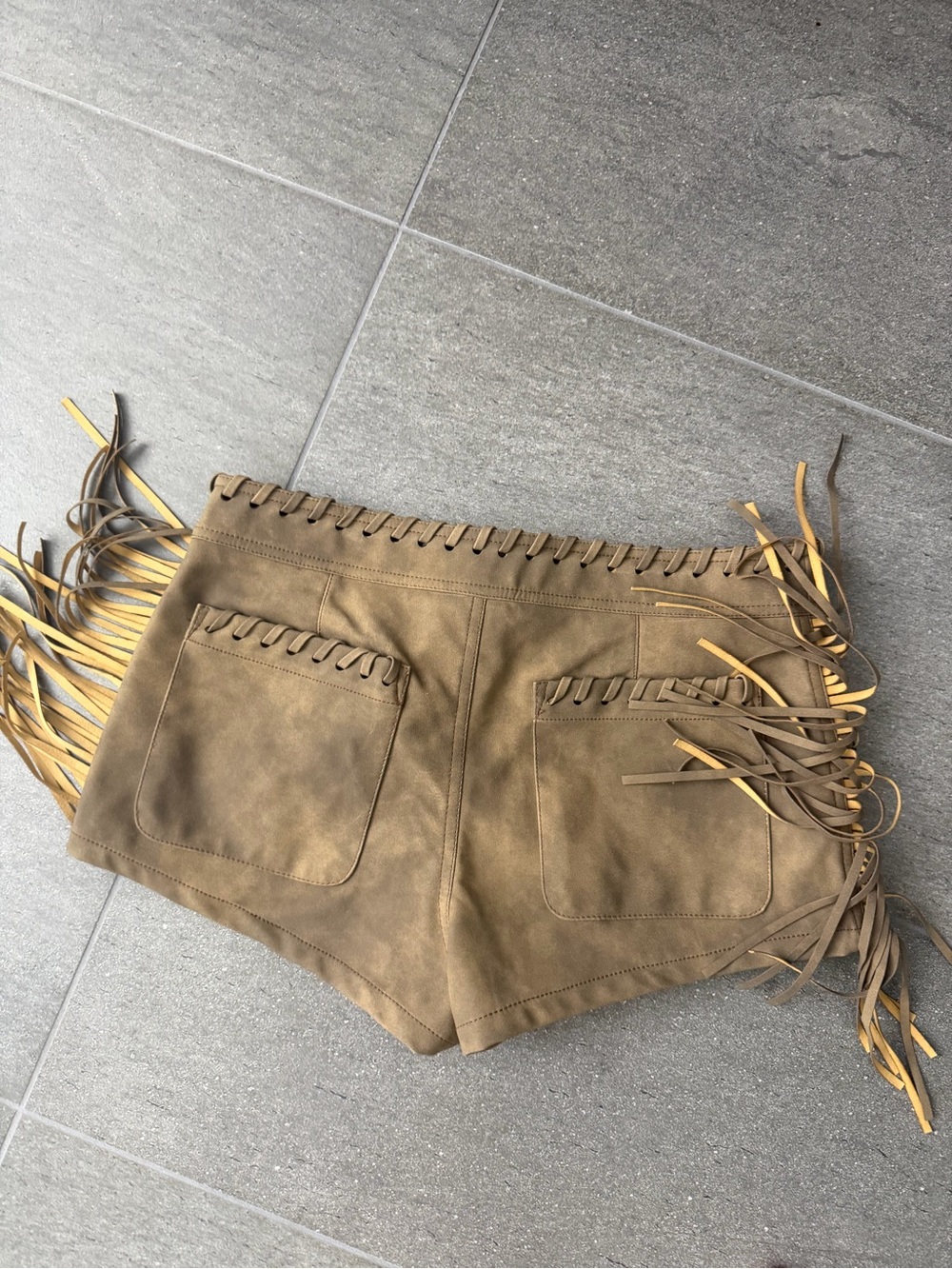 Free People Olive Fringe Suede-Look Shorts - Picture 2 of 3